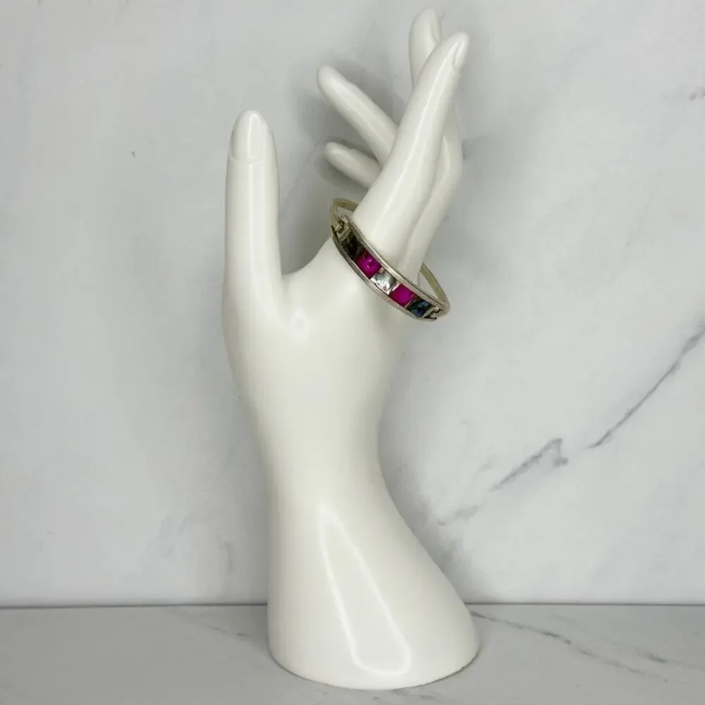 Vintage Abalone Pink Inlay Silver Tone Child Hinged Bangle Bracelet ✨